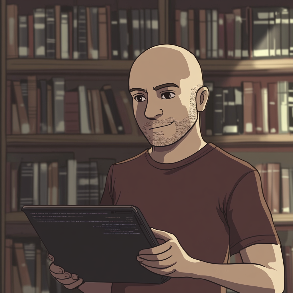 A Bald Man with Bookshelf Holds Laptop