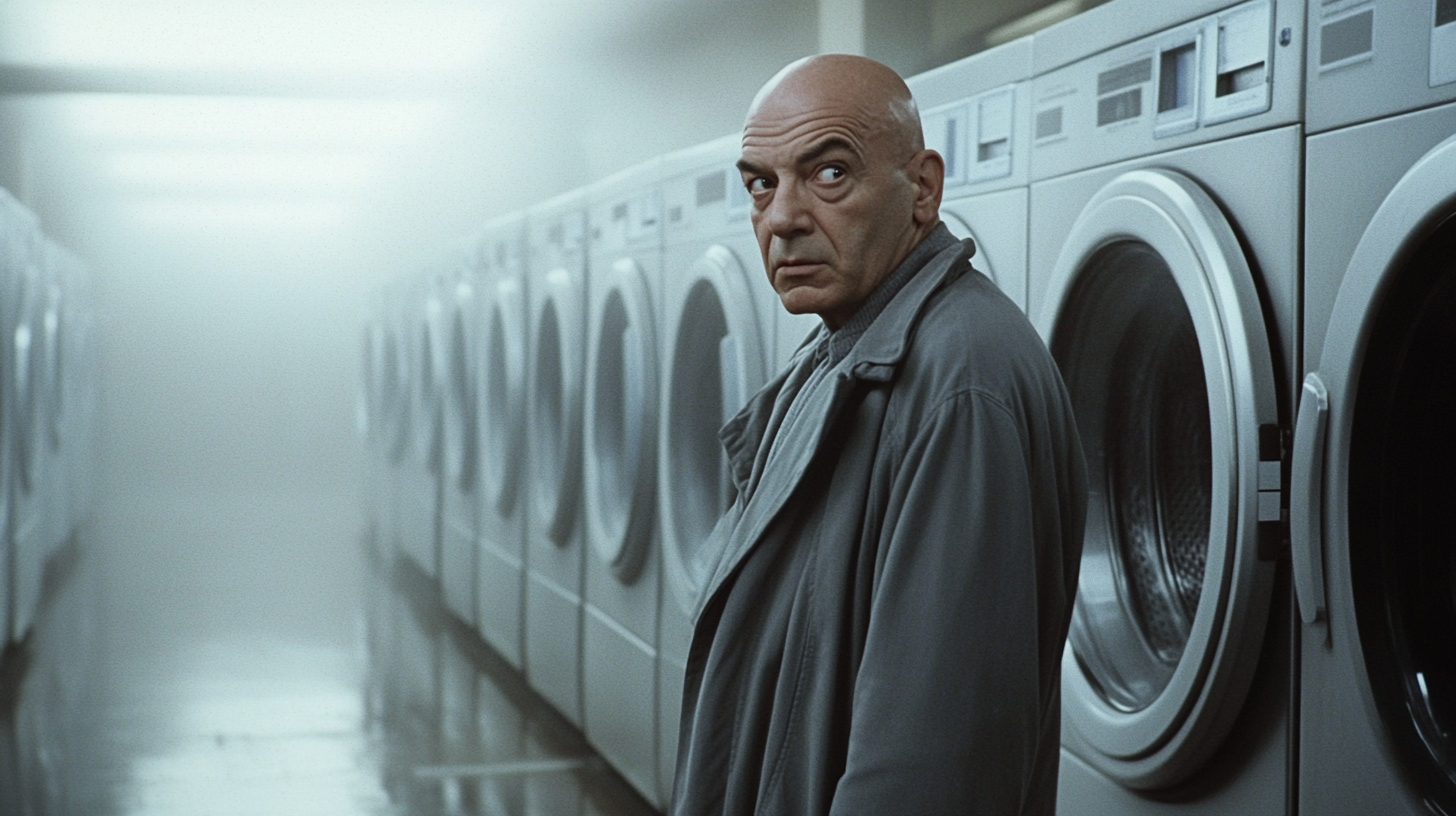 A Bald Telly Savalas Stands by Massive Washing Machine