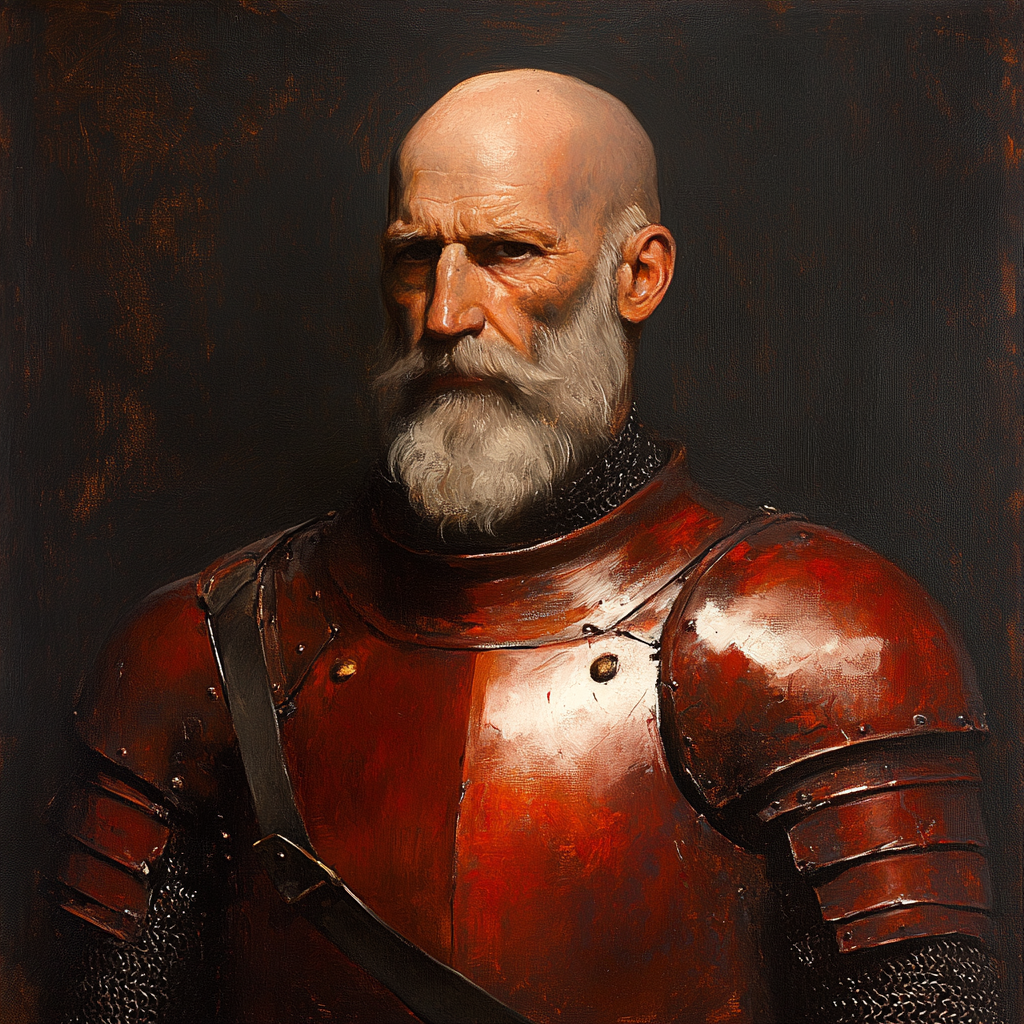 A Bald Warrior in Darkened Plate Armor