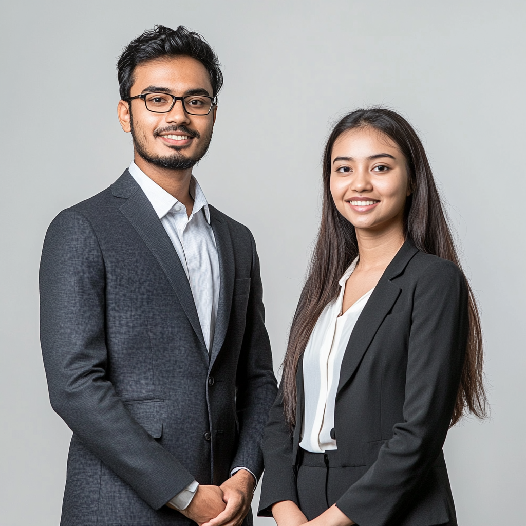 A Bangladeshi man and an Asian woman portrait.