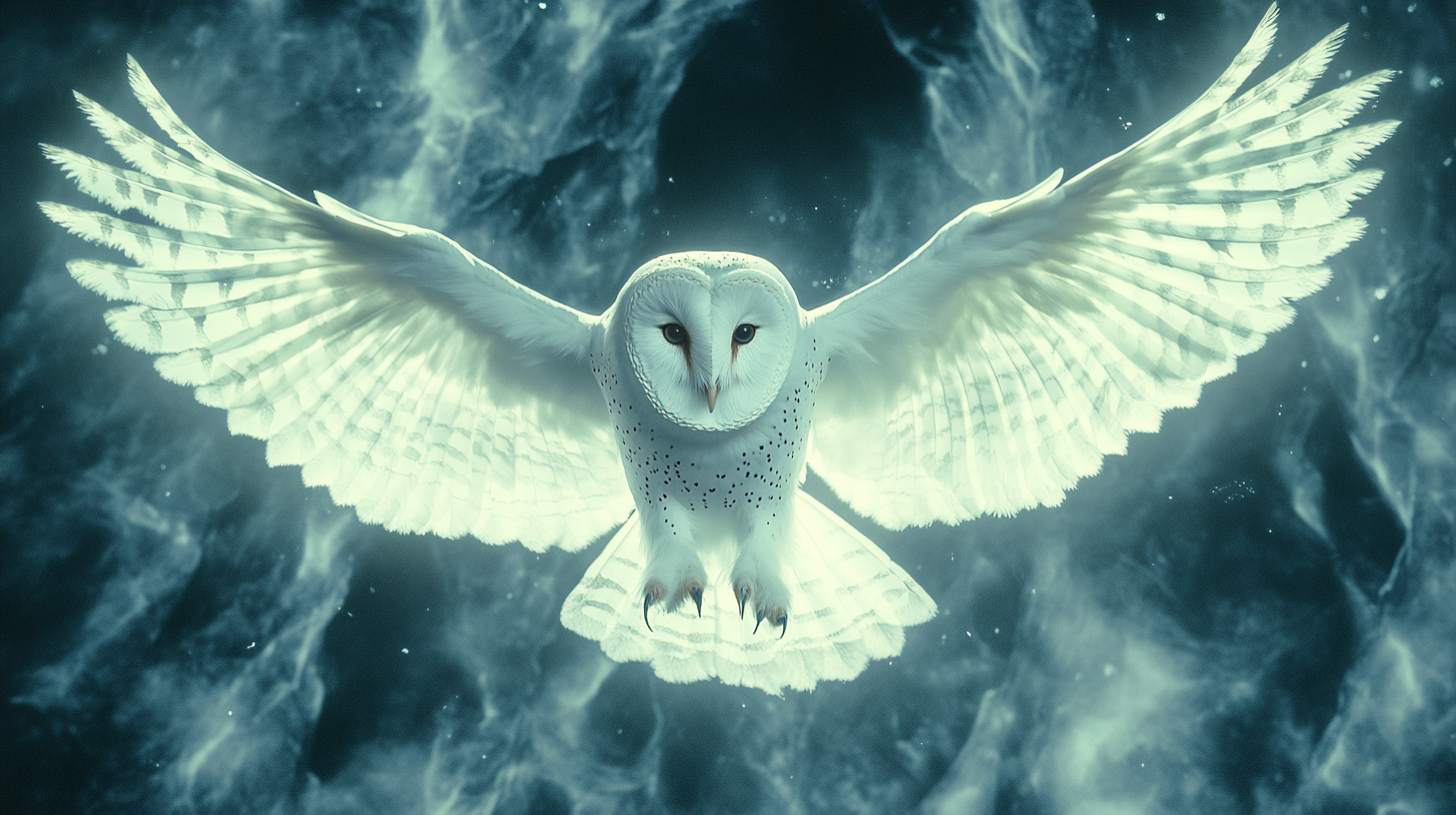 A Barn Owl Flying Symmetrically Through Dark Forest