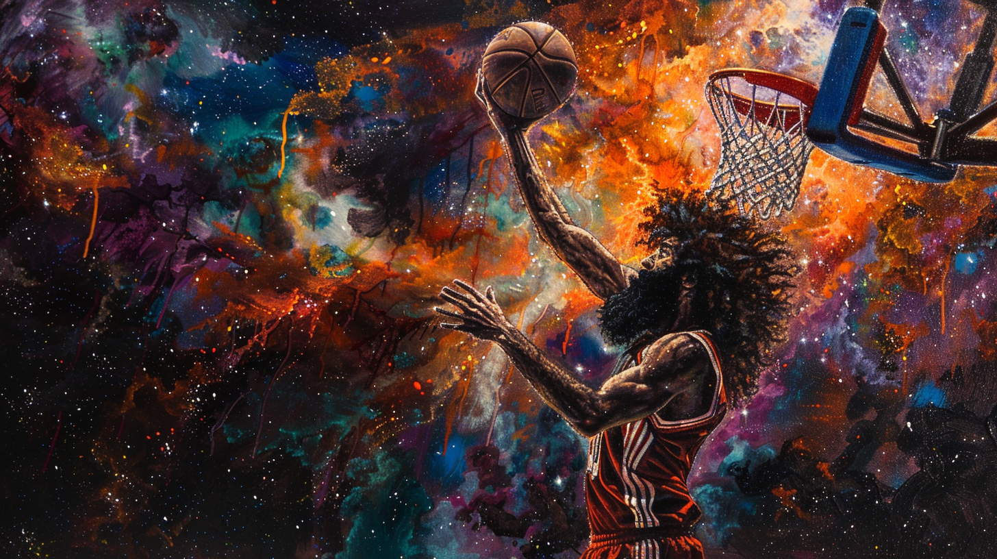 A Basketball Player Dunking in Galactic Nebula