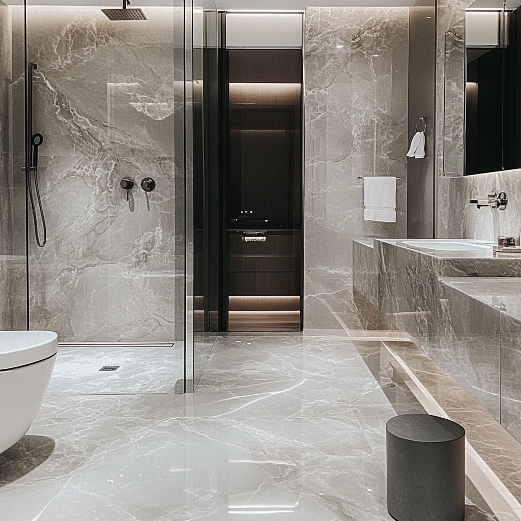 A Bathroom with Gray Marble Walls and Floor