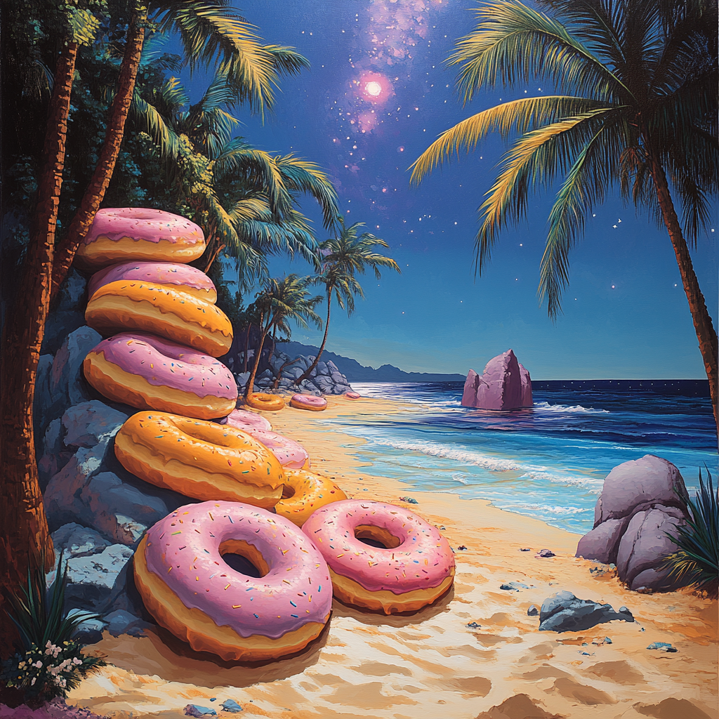 A Beach with Colorful Donut Rocks and Palm Trees