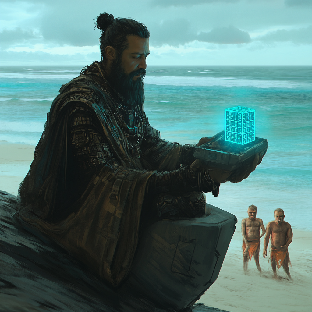 A Bearded Man Riding Futuristic Boat Approaching Bowing Cave Men