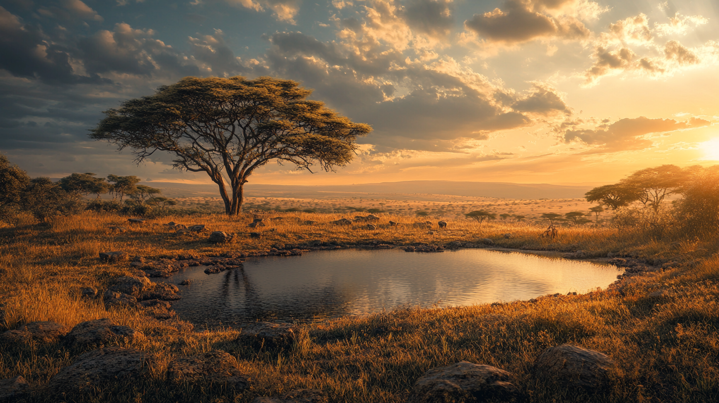 A Beautiful African Savannah Landscape with Small Lake