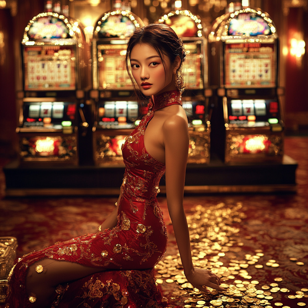 A Beautiful Asian Woman with Slot Machines and Gold