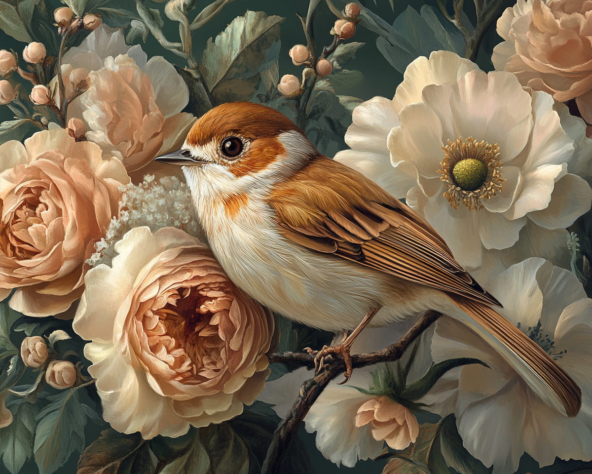 A Beautiful Bird Among Blooming Flowers