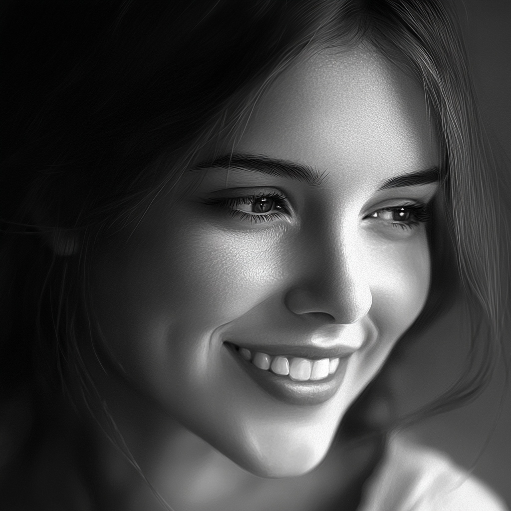 A Beautiful European Woman Smiling in Black and Grey