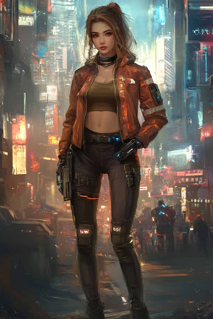 A Beautiful Female Cyberpunk Decker in Futuristic City