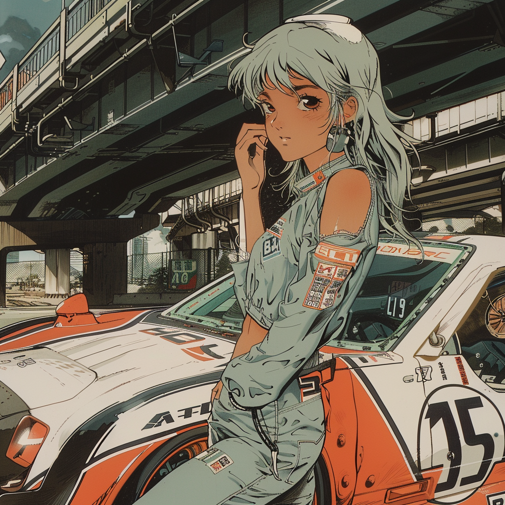 A Beautiful Girl Leaning on 80s Anime Car