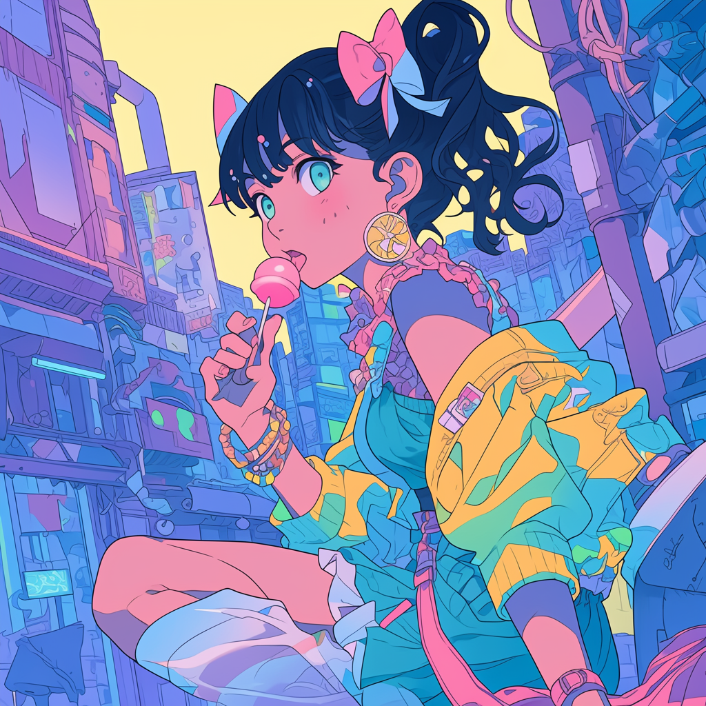 A Beautiful Girl in 80s Anime Cityscape