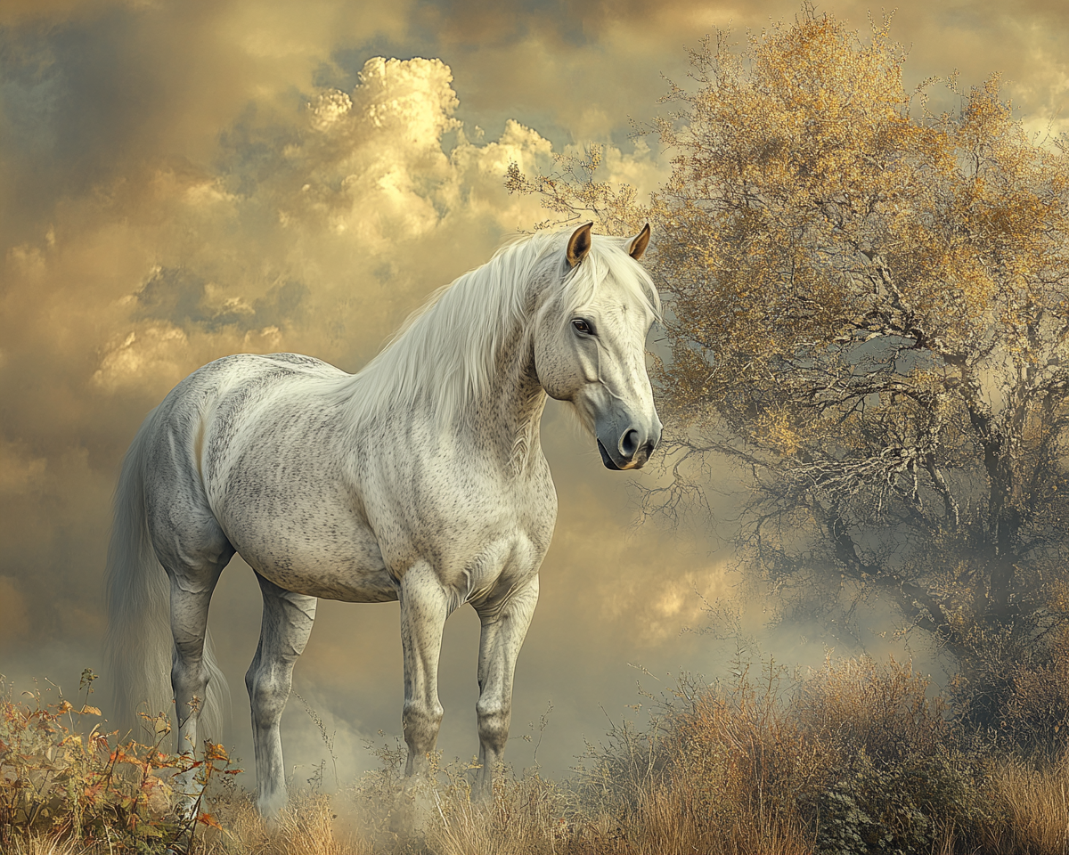 A Beautiful Gray Horse Standing by Magnificent Tree