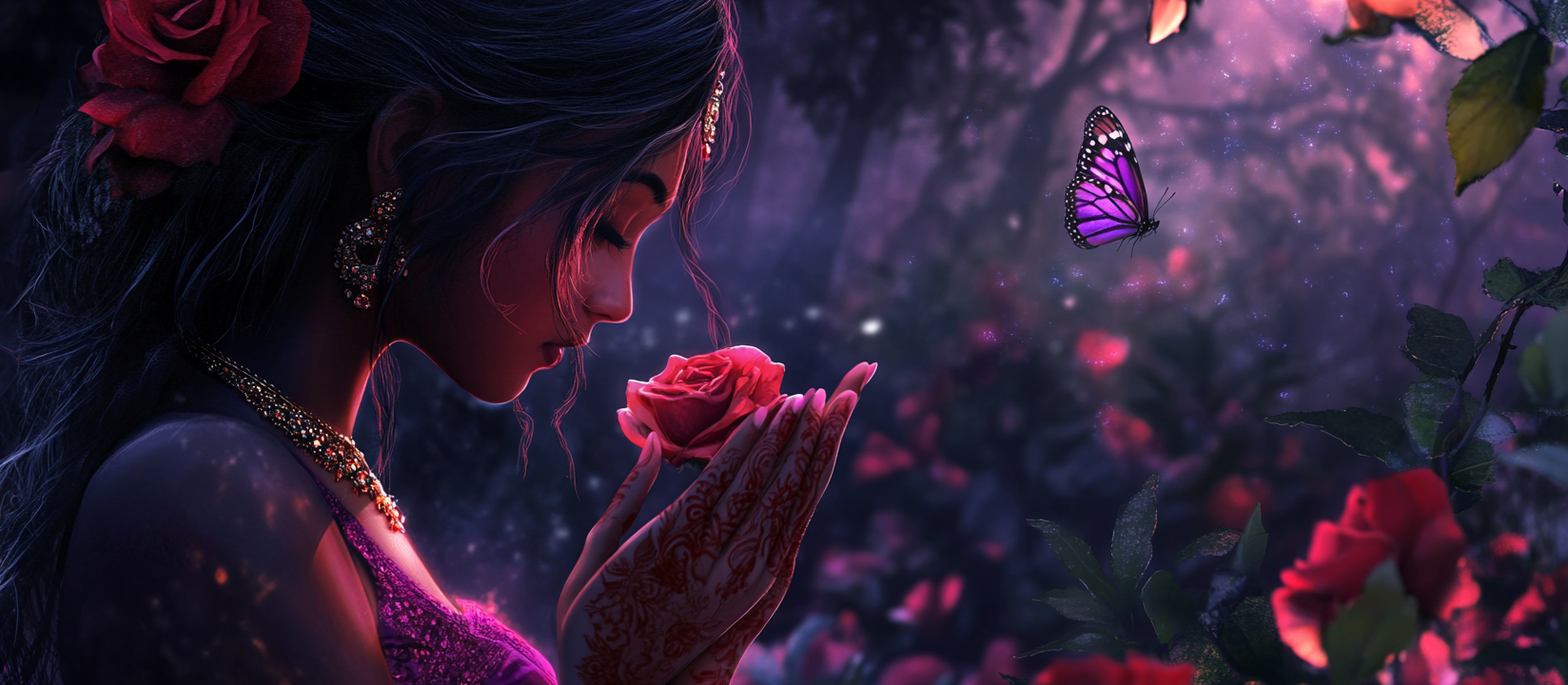 A Beautiful Indian Girl Picking Rose in Forest