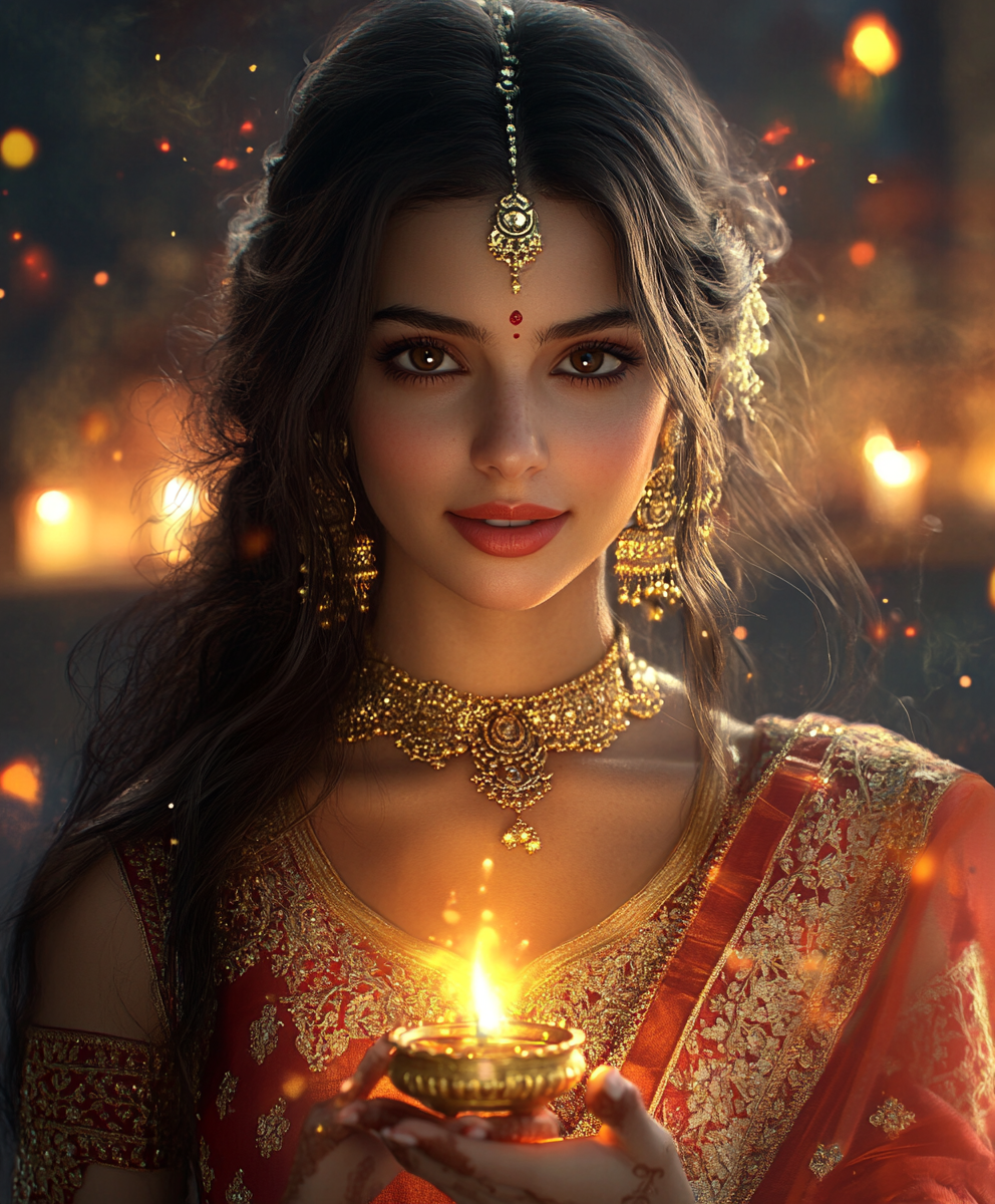 A Beautiful Indian Lady Celebrating Diwali Festival