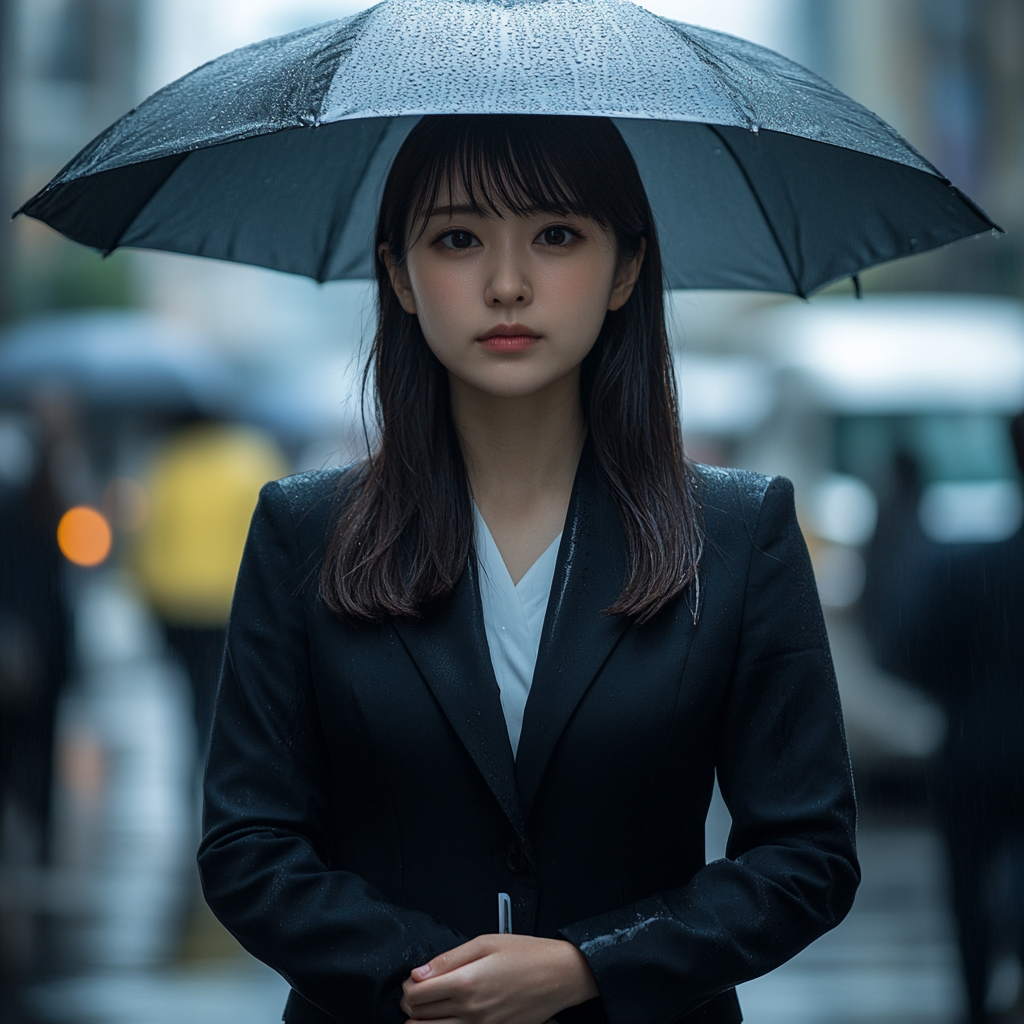 A Beautiful Japanese Woman in Tokyo Morning Rain