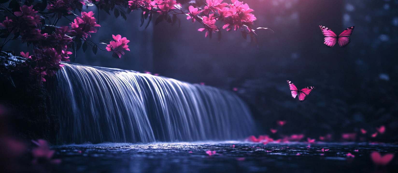 A Beautiful Romantic Waterfall Scene at Night