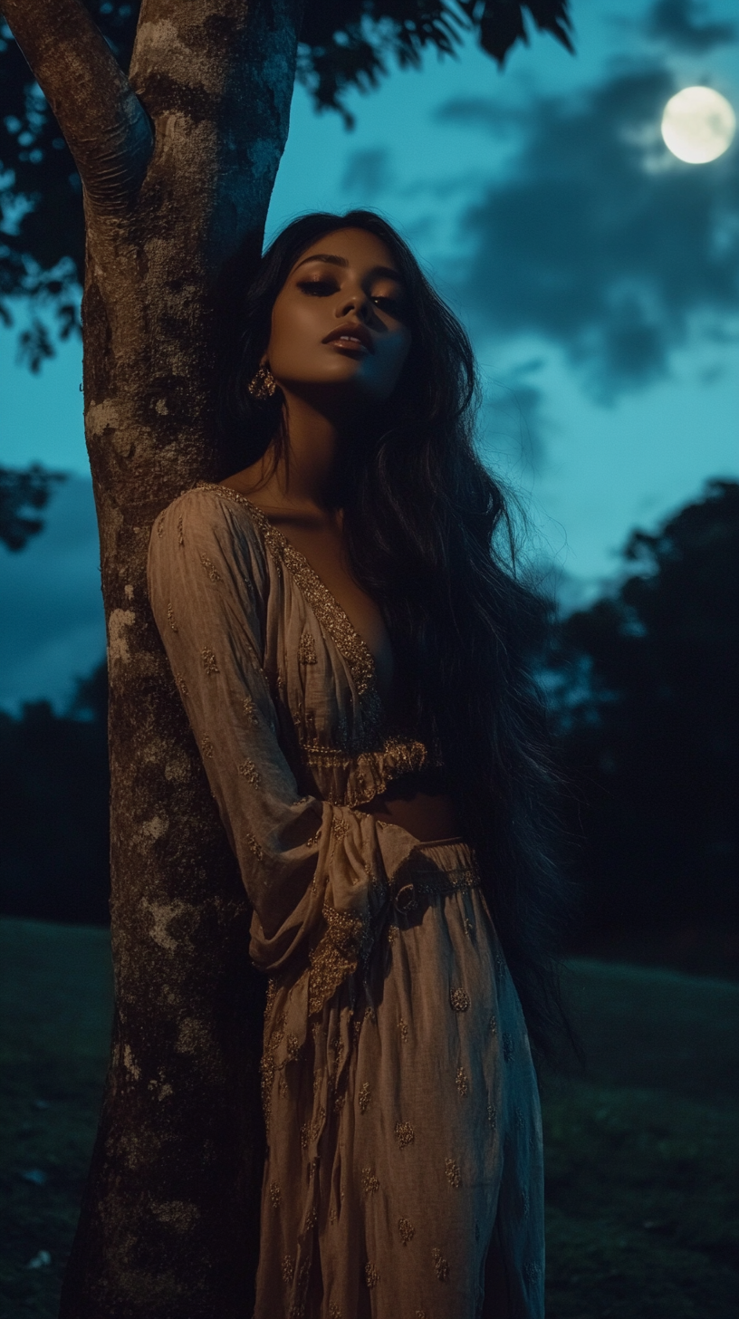 A Beautiful Sri Lankan Woman Poses Under Moonlit Tree