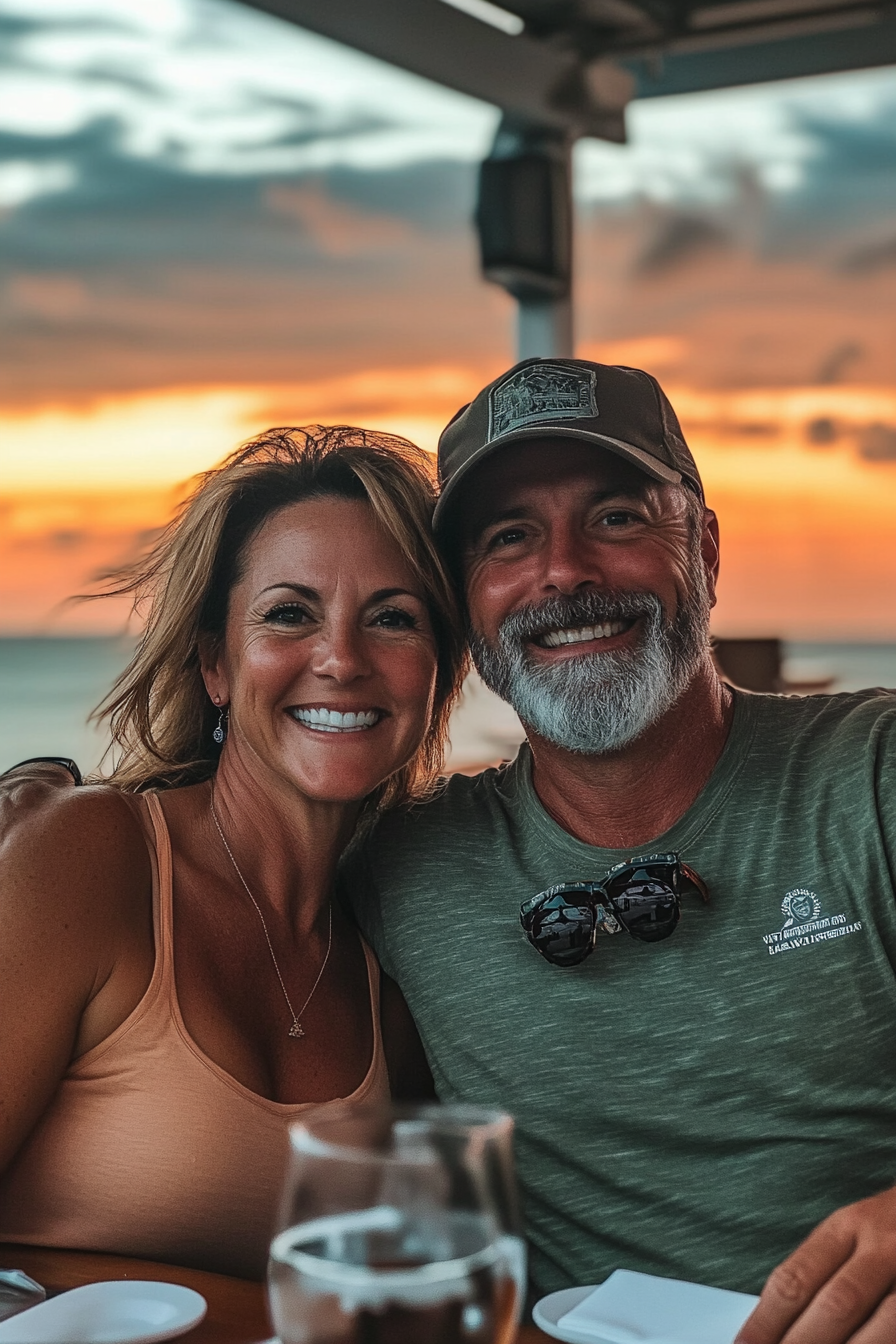 A Beautiful Sunset, Happy Couple Smiling on Cruise