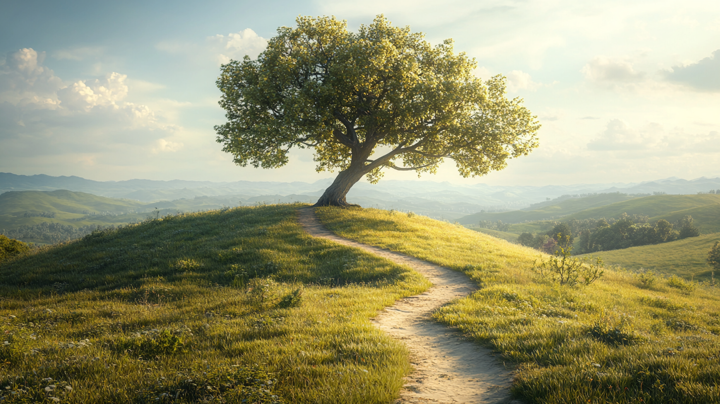 A Beautiful Tree Stands Alone on Hill.