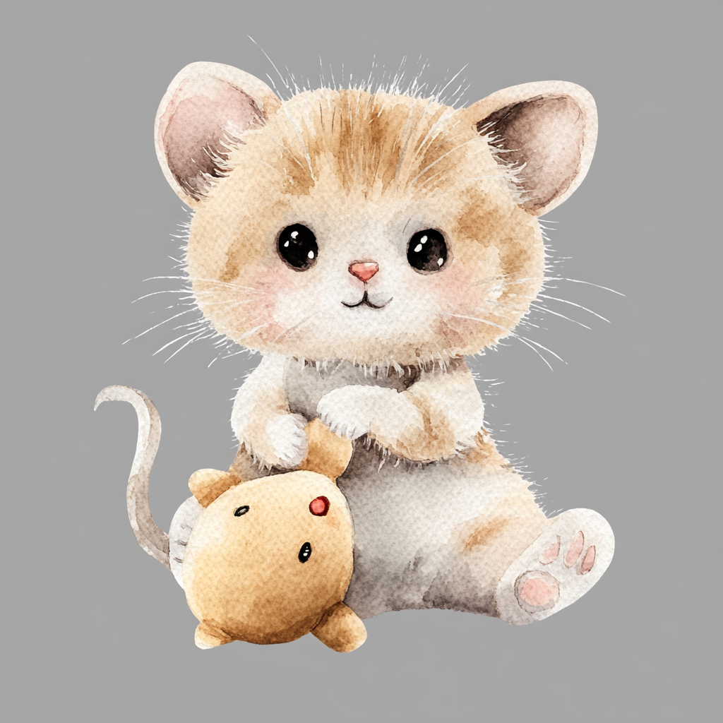 A Beautiful Watercolor Cat Toy with Plush Mouse.