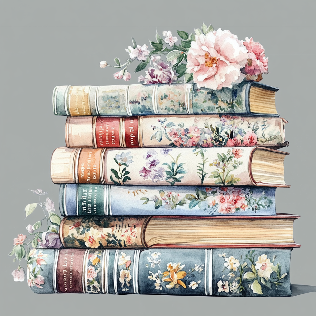 A Beautiful Watercolor Pile of Books on Gray