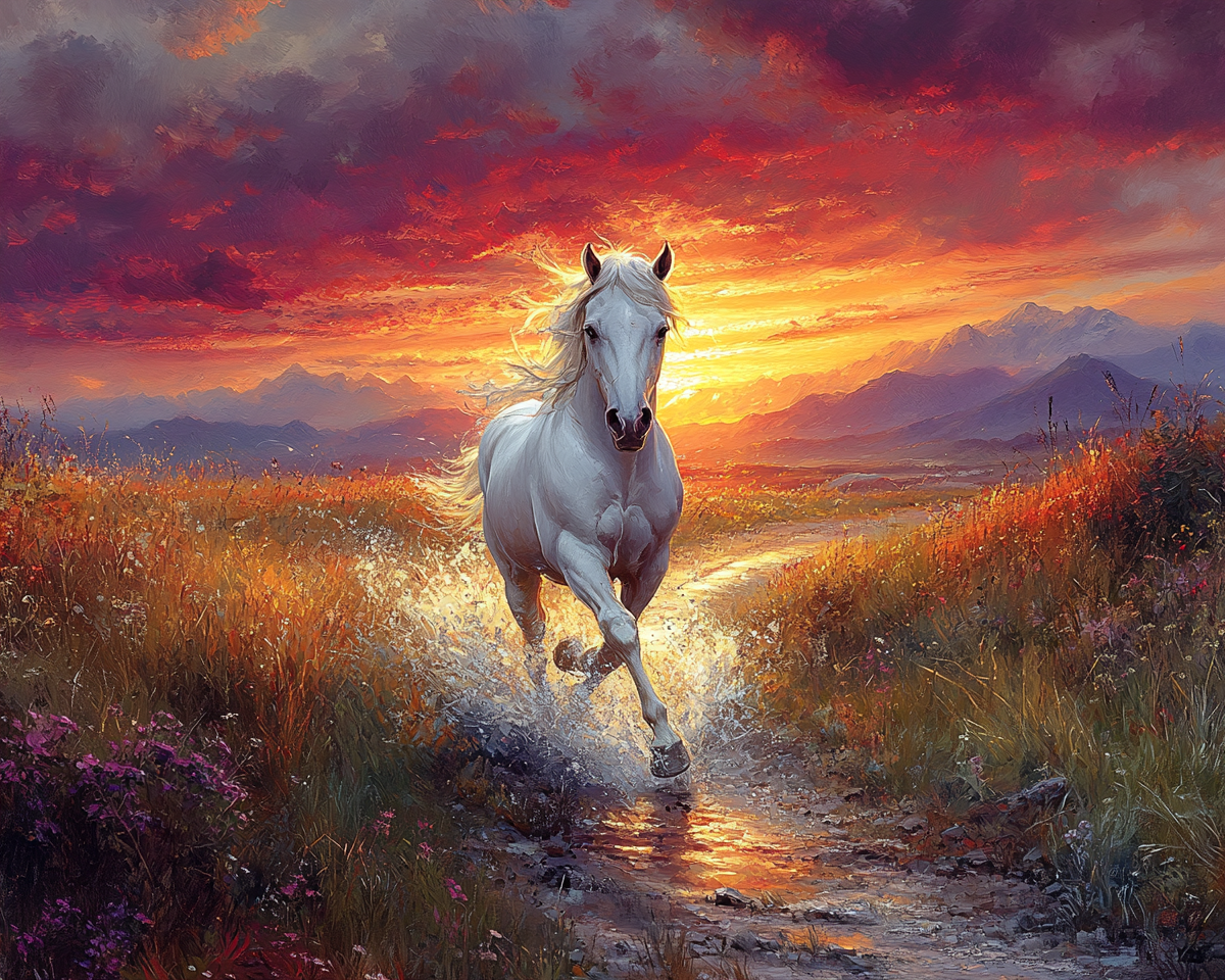 A Beautiful White Horse Running at Sunset