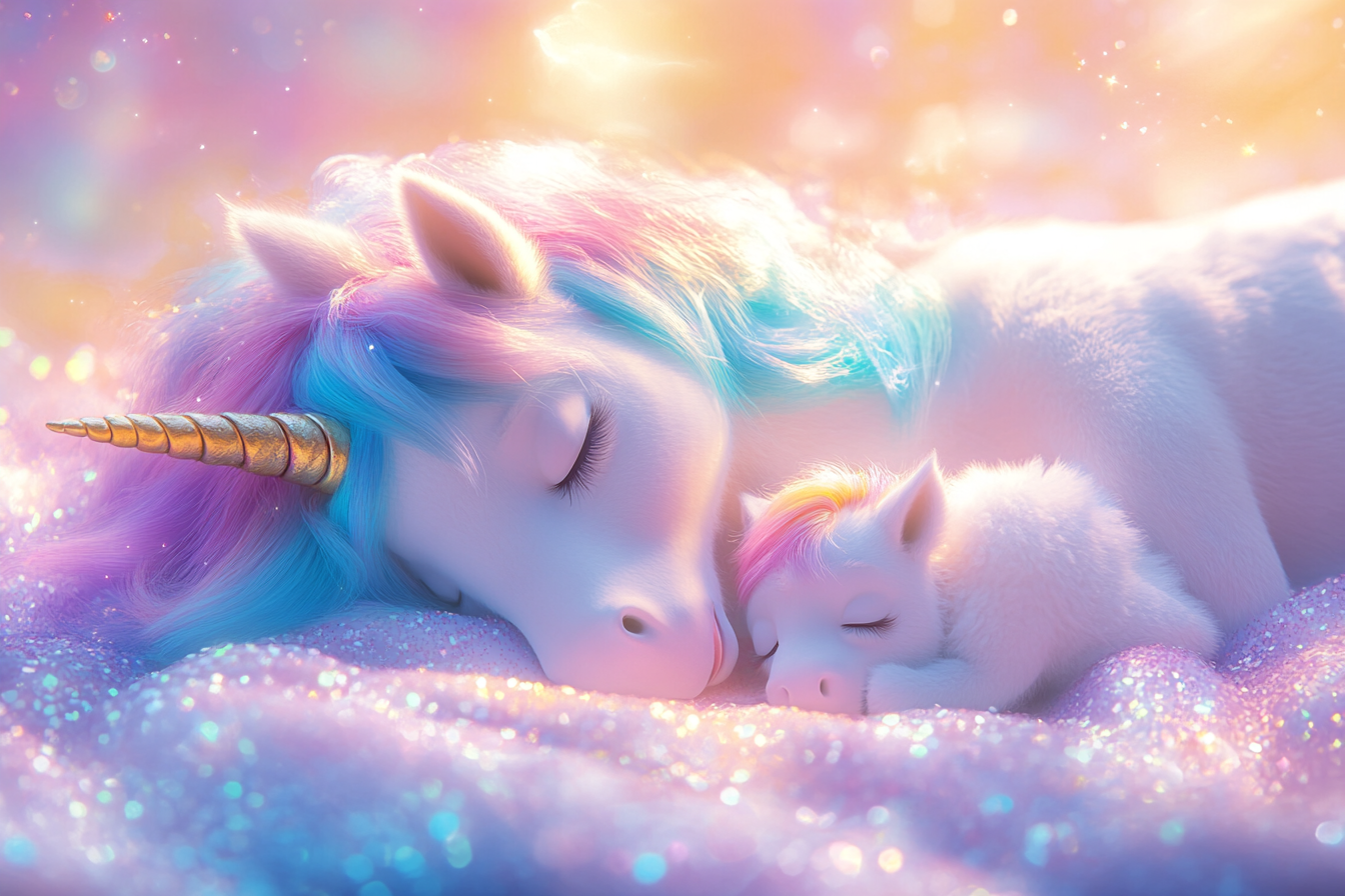 A Beautiful White Unicorn and Her Baby Sleeping