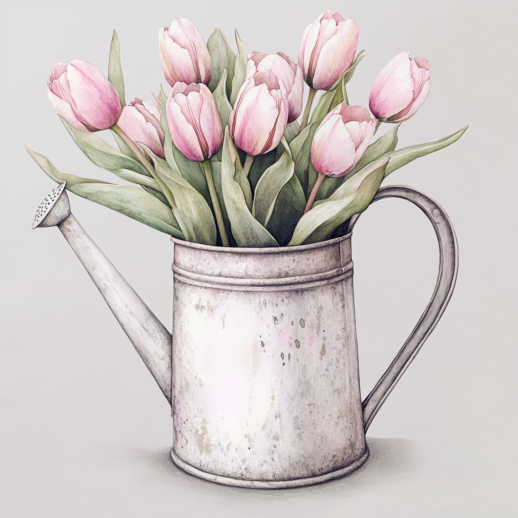 A Beautiful White Watering Can with Pink Tulips