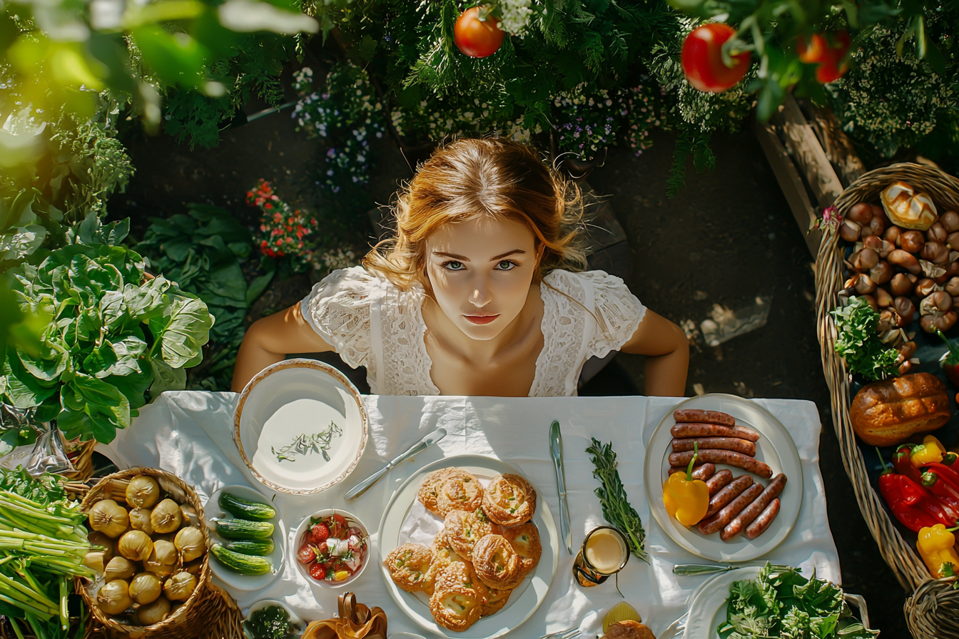 A Beautiful Woman Setting a Summer Garden Breakfast