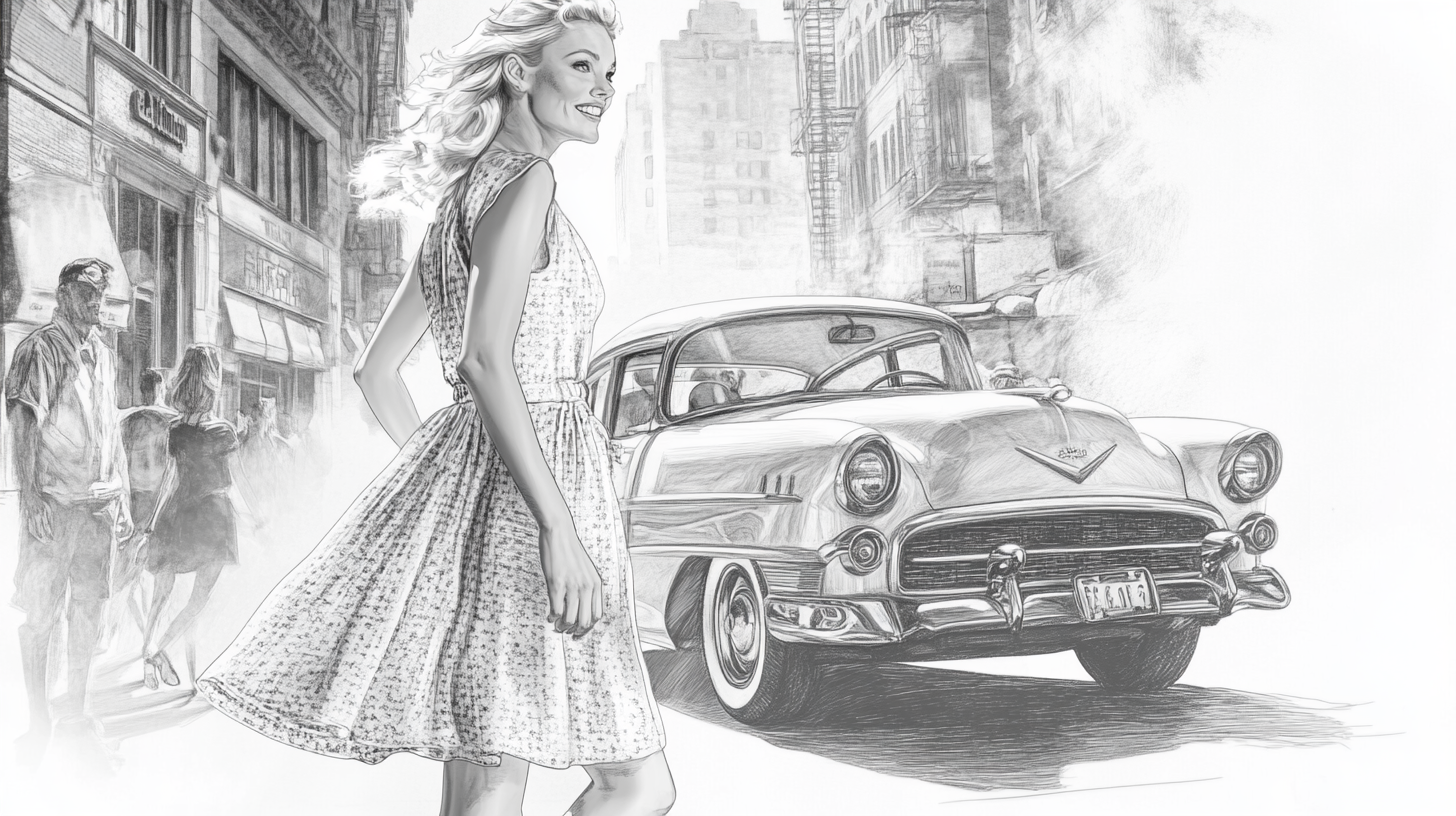 A Beautiful Woman Walking Past Retro Car