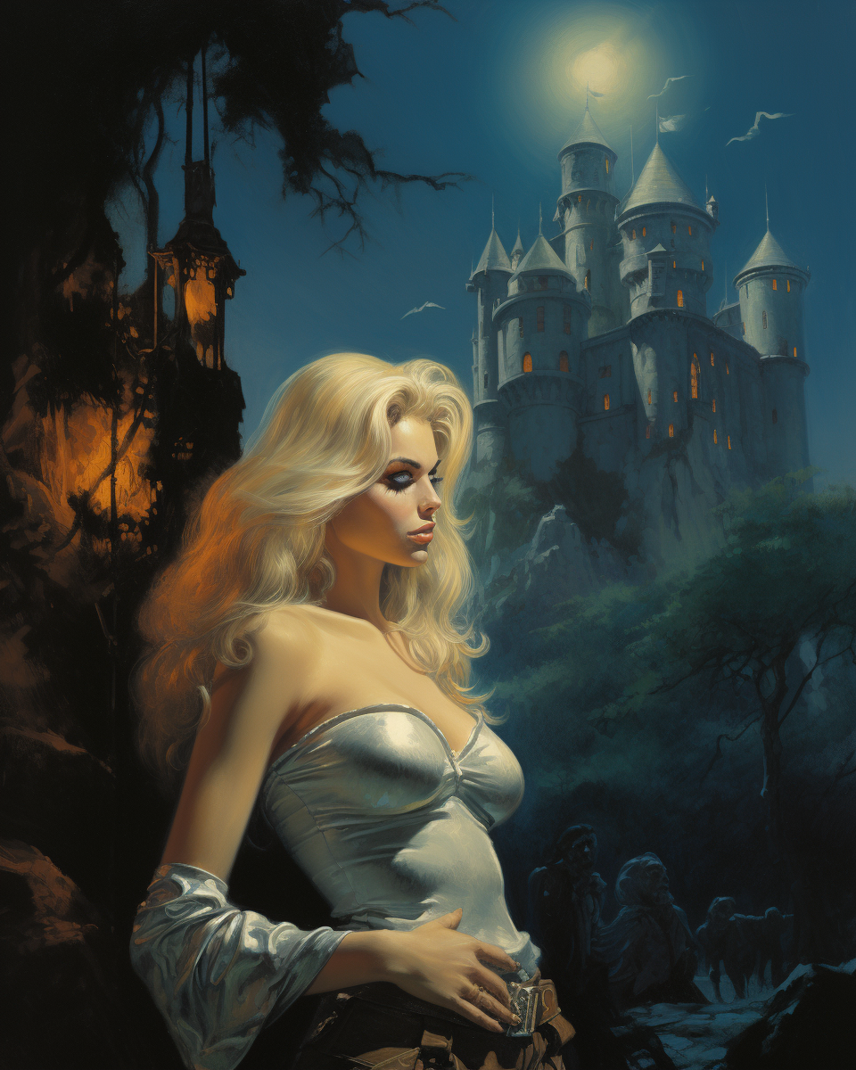 A Beautiful Woman at a Castle at Night