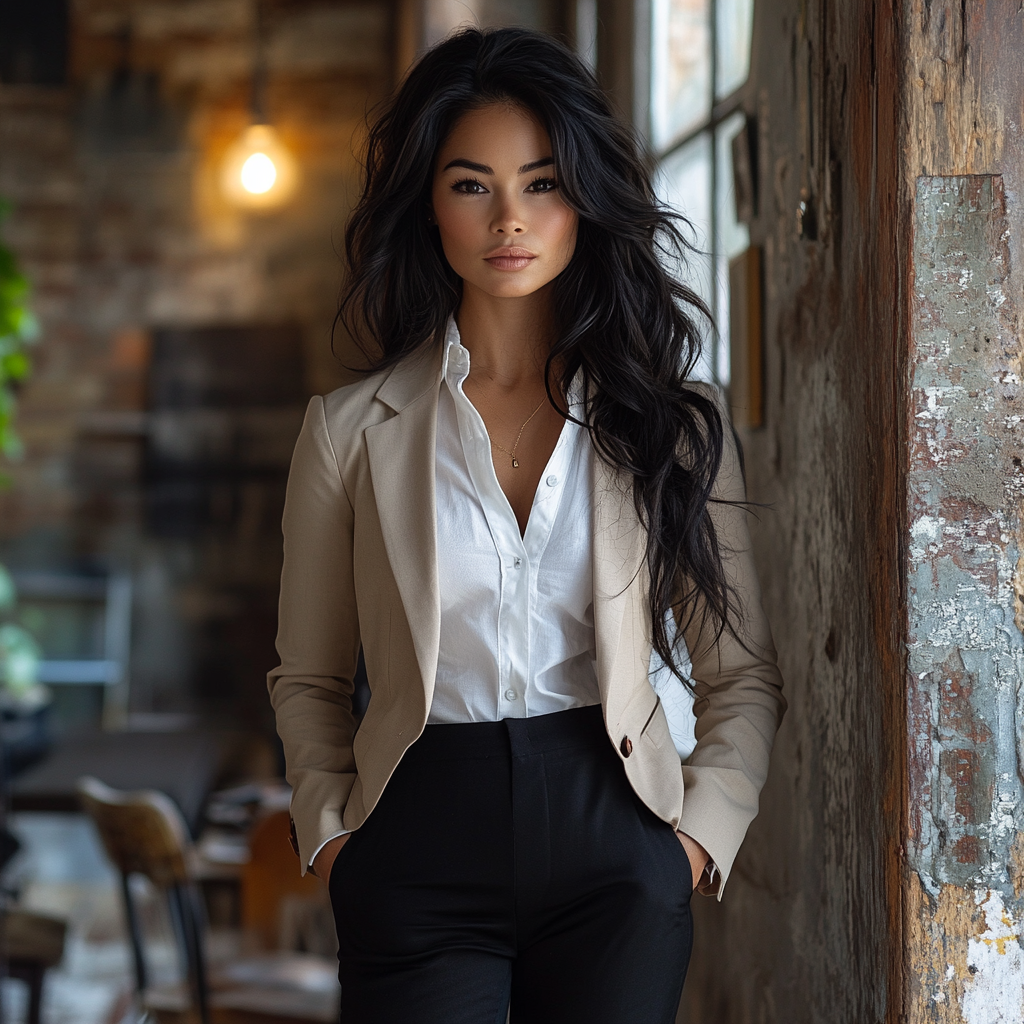 A Beautiful Woman in Black Outfit and Beige Blazer