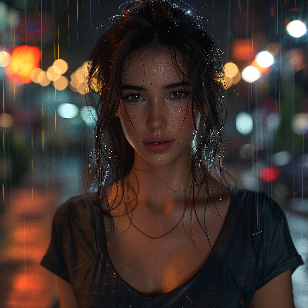 A Beautiful Woman in City at Night