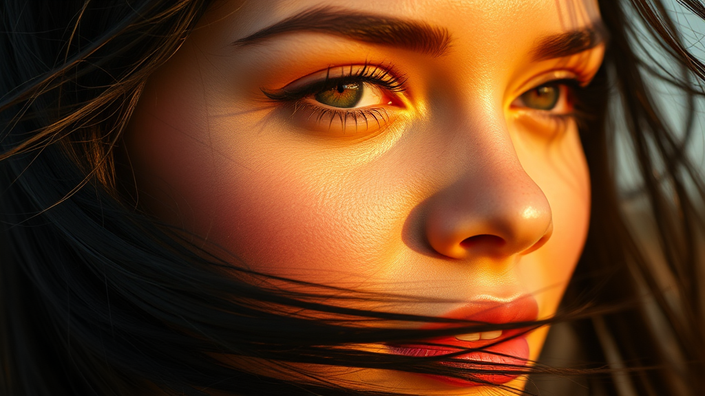 A Beautiful Woman with Sunlight Reflected in Eyes.