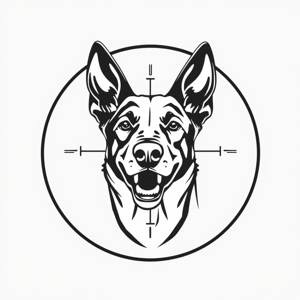 A Belgian Malinois in Scope Crosshairs Logo