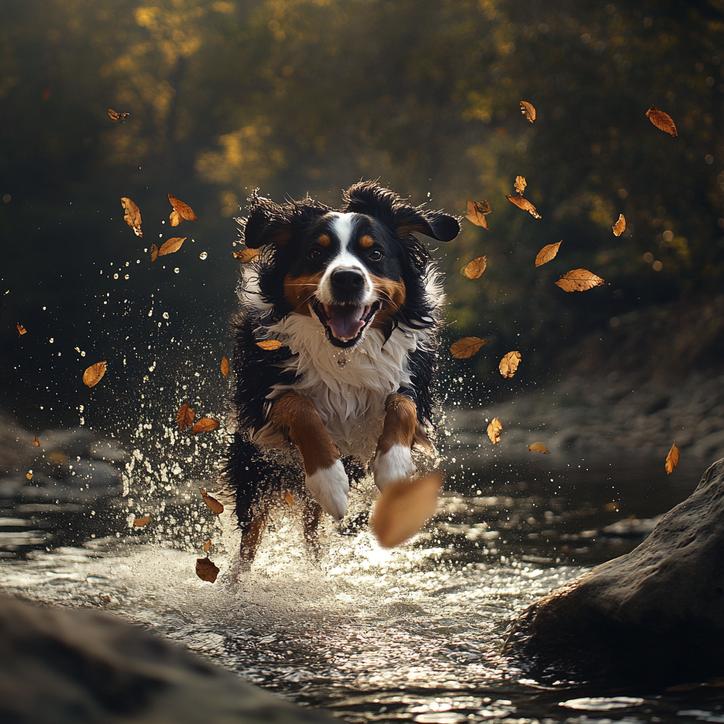 A Bernese Dog Jumping Over River Rocks