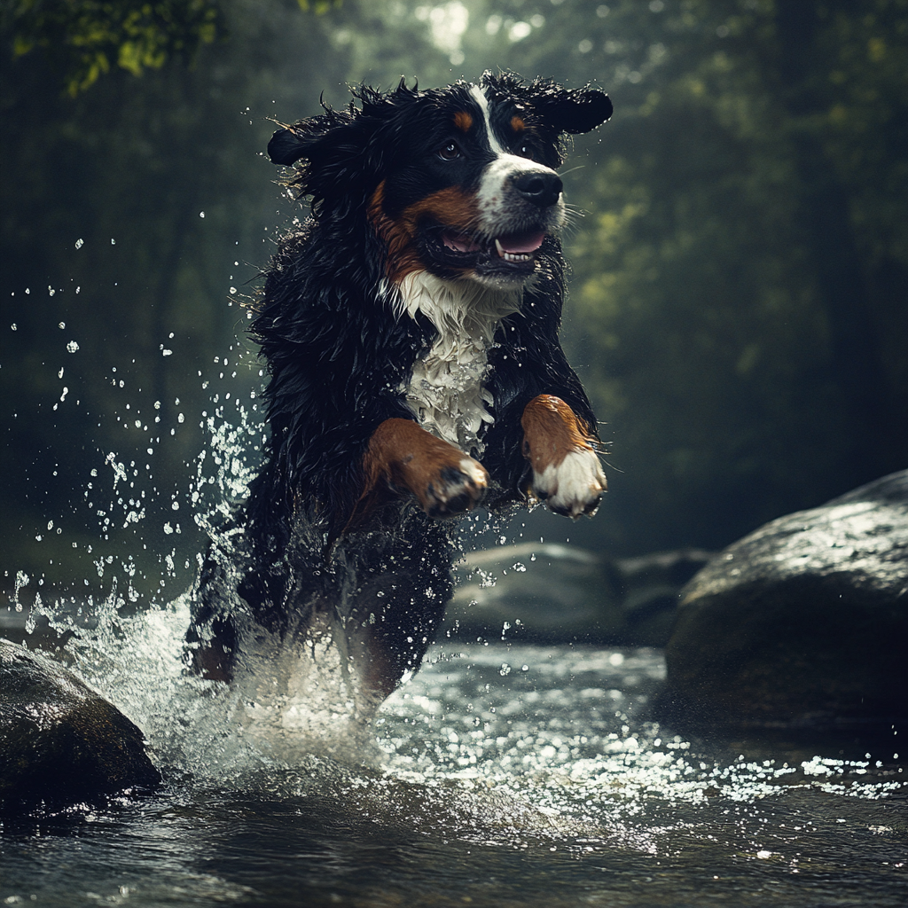 A Bernese Dog Jumping Rocks in Mexican Forest