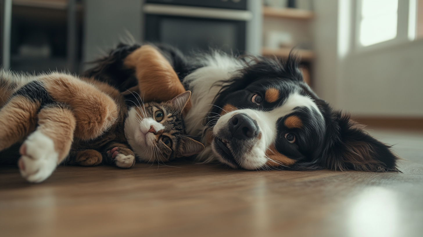 A Bernese and Cat Playing Together in Living Room