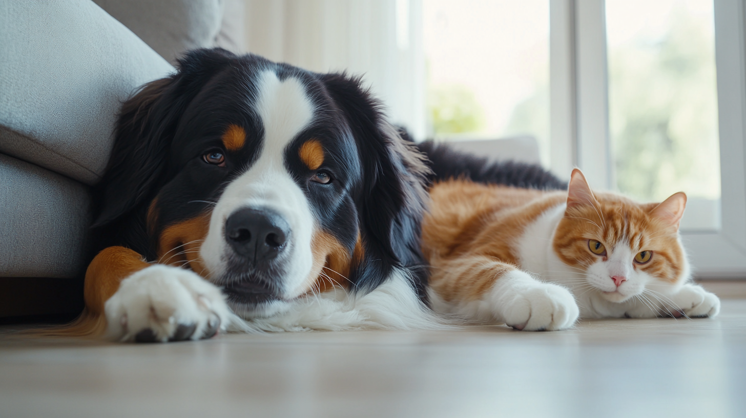 A Bernese and a Cat Playing Happily Together