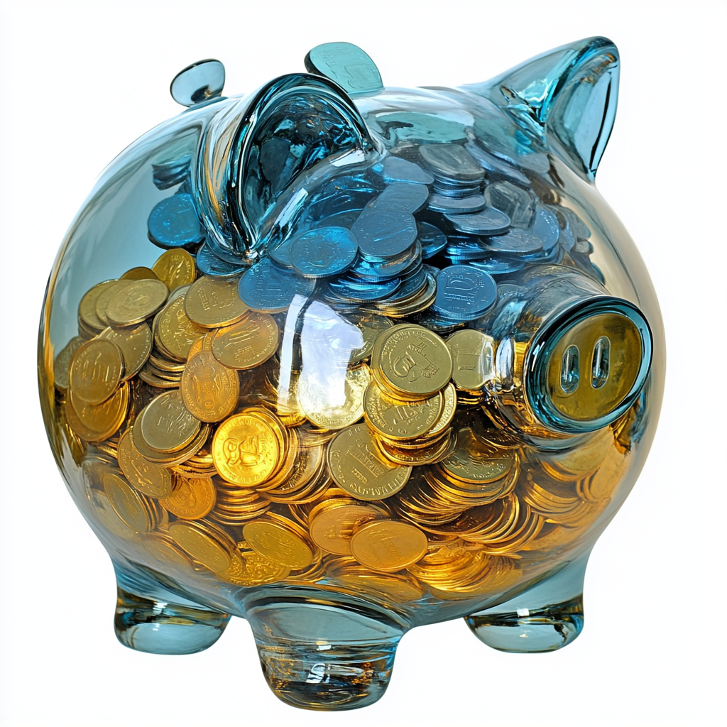 A Big Blue Glass Piggy Bank with Coins