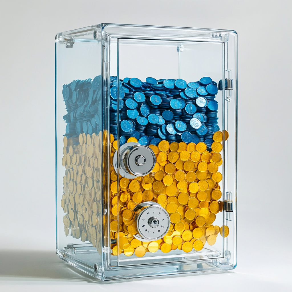 A Big Empty Safe with Blue and Yellow Coins.