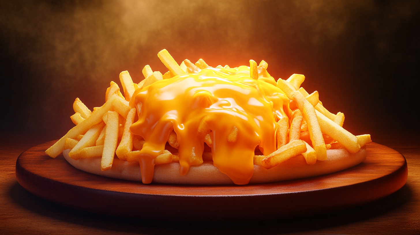 A Big Pile of French Fries with Cheddar Sauce.