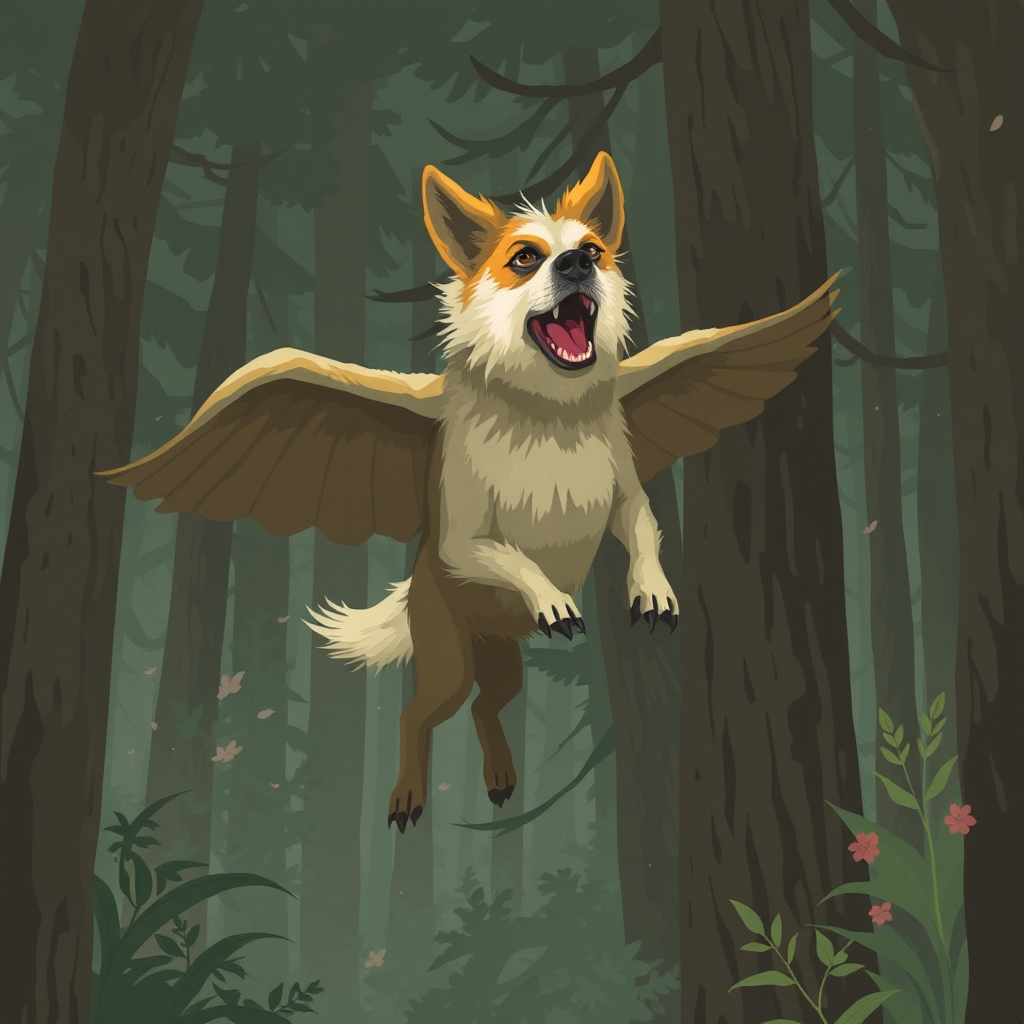 A Big Scary Flying Dog in Forest