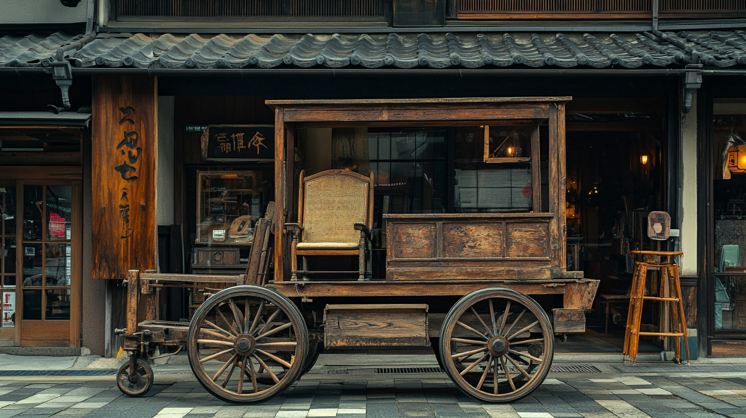 A Big Wooden Cart with Chair Outside Store