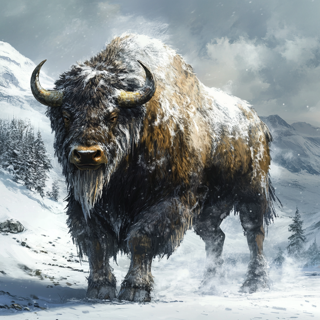 A Bison-Horse Beast with Muscular Frame and Icy Fur.