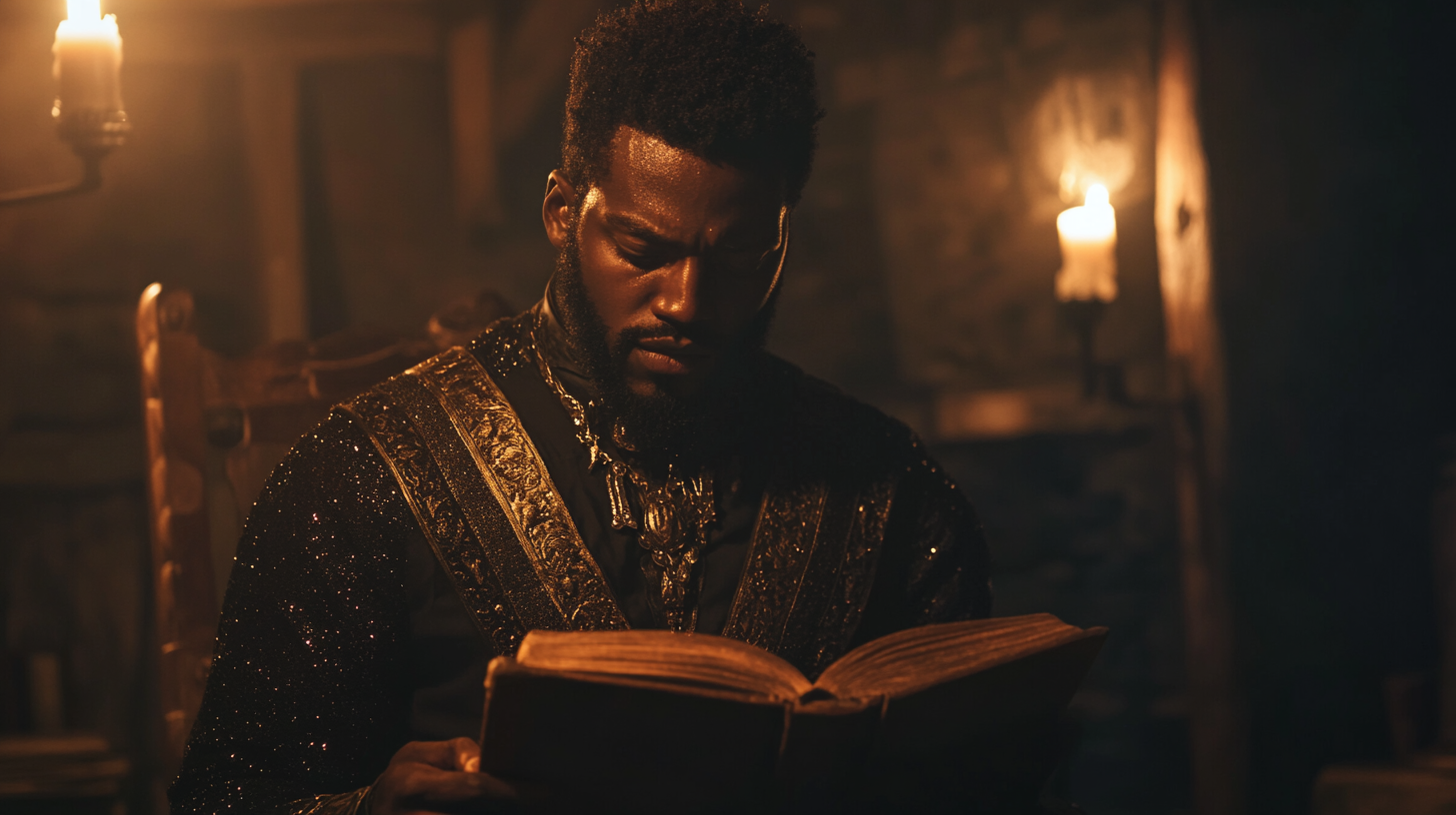 A Black Bard Reading Poetry in Dim Tavern