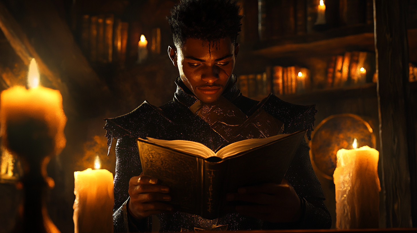 A Black Bard Reading Poetry in Glittery Doublet