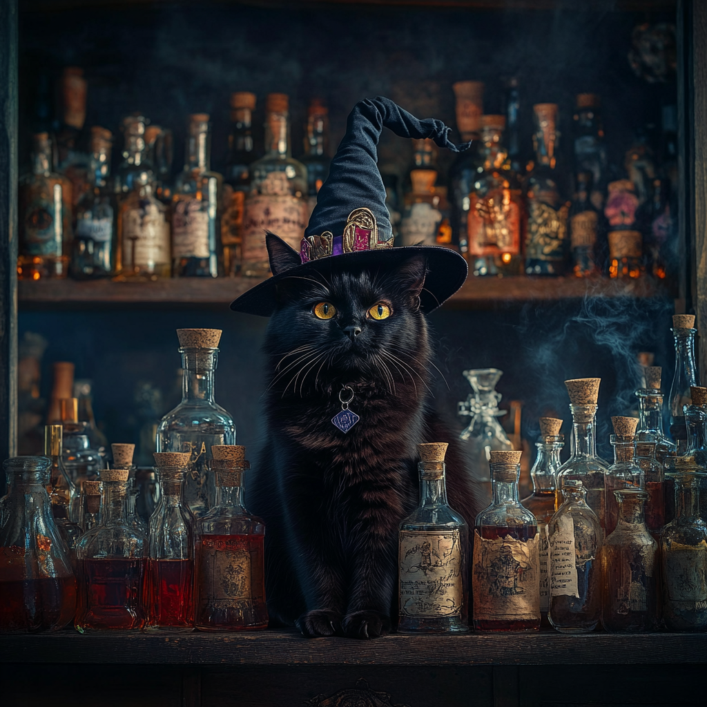 A Black Cat in a Witch's Hat sitting on Shelf full of Potions