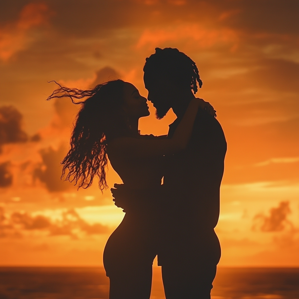 A Black Couple Kissing on Beautiful Sunset Beach